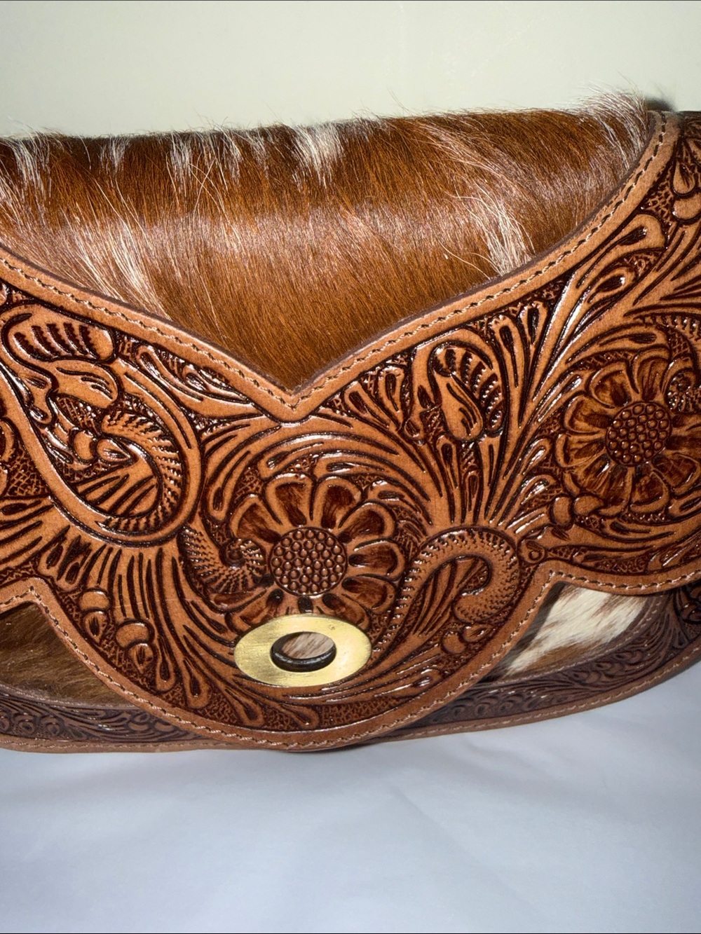 Hand-Tooled Brown Leather & Hair-on Hide Crossbody Bag, new - Picture 8 of 9